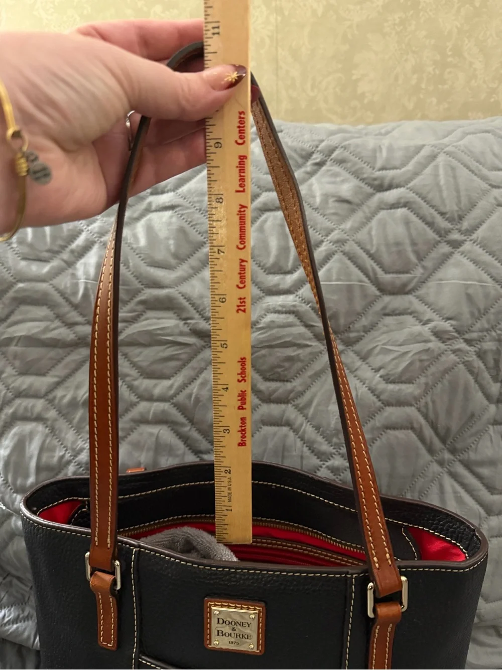 Dooney & Bourke Black Pebbled Leather Tote with Tan Straps